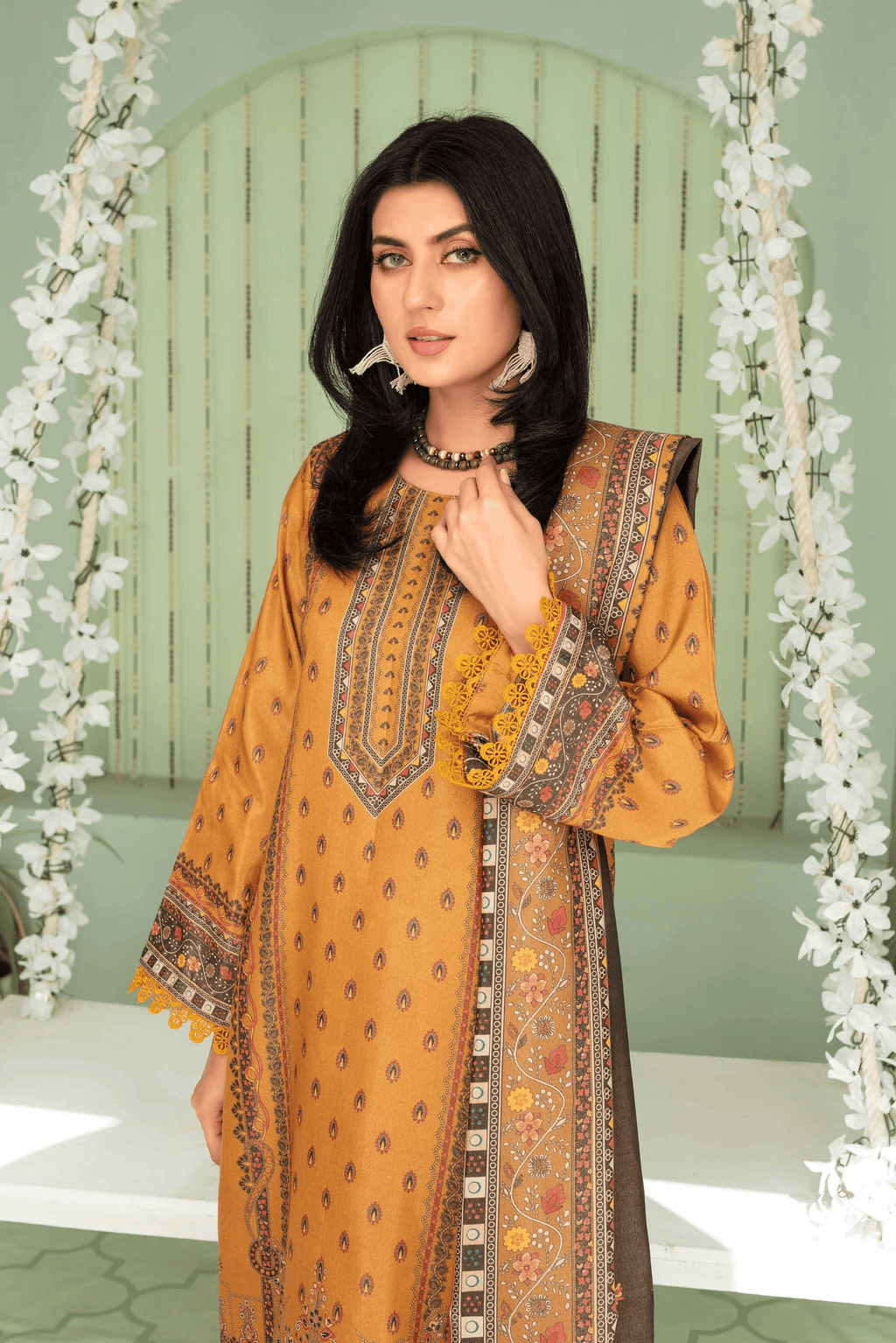 3 Pieces - Aizal Unstitched Mustard Printed Shamray Linen Suit