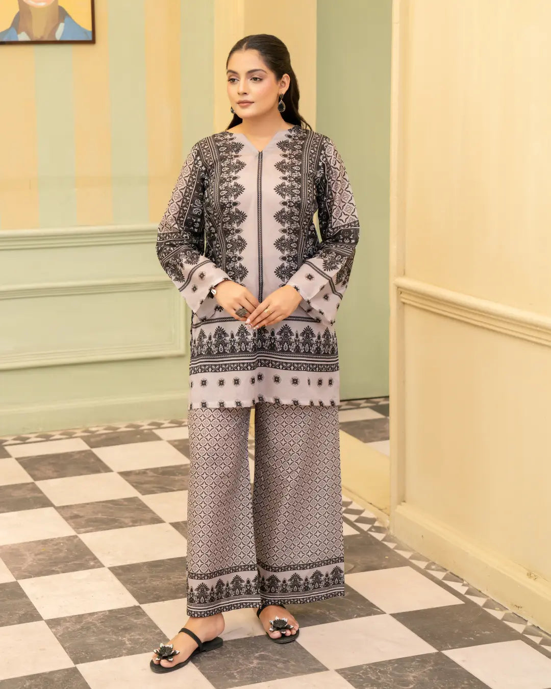 2 Piece - Gold Unstitched Grey black Ladies Print Lawn Suit
