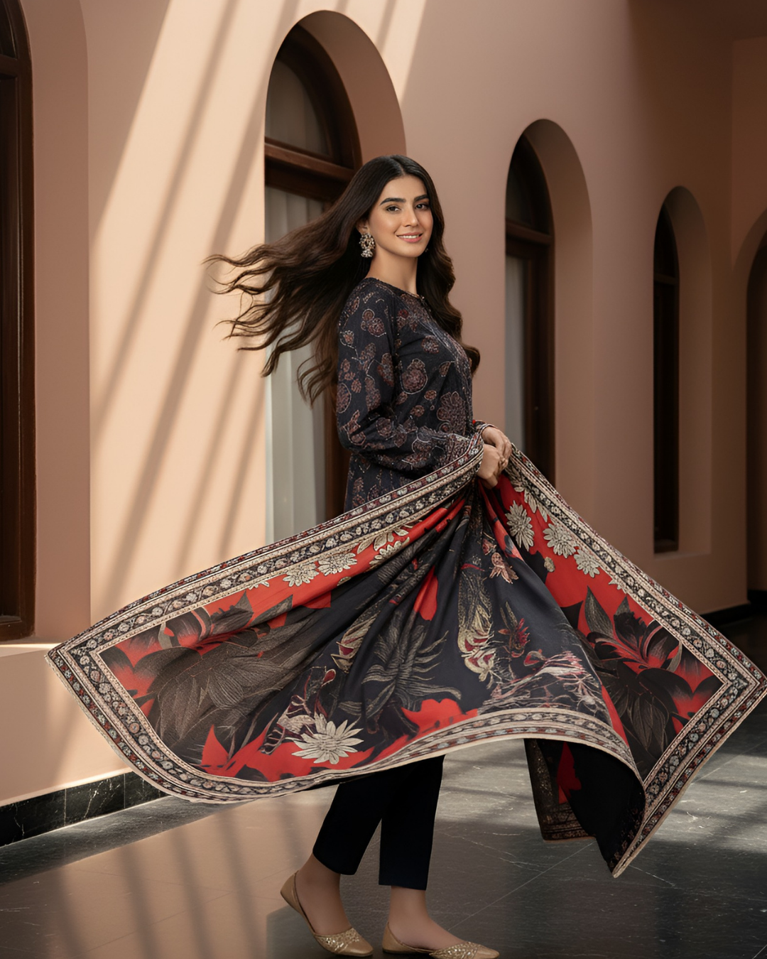 3 Pieces - Marooj Unstitched Graish Black Printed Khaddar Suit
