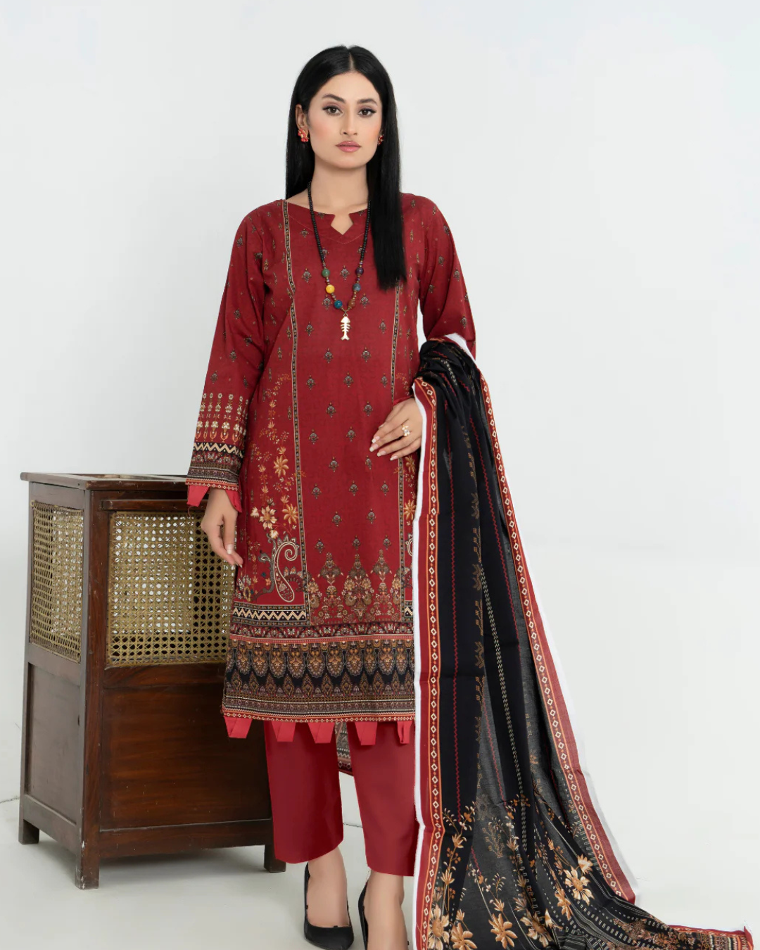 3 Piece - Junoon Unstitched Maroon Ladies Transliminor Magic Print Lawn Suit