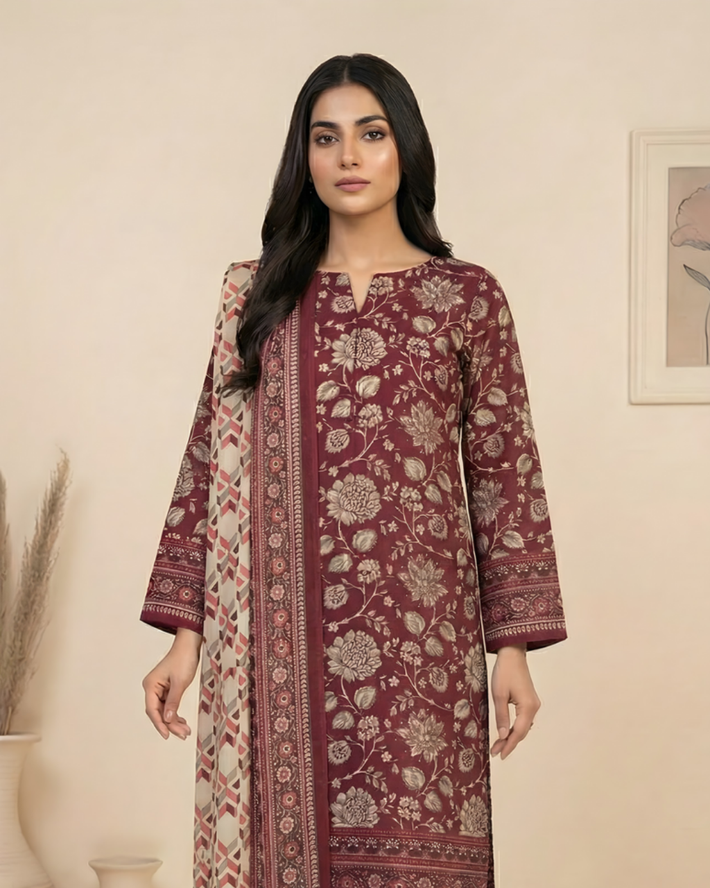 3 Pieces - Marooj Unstitched Maroon Transliminor Magic Print Lawn Suit