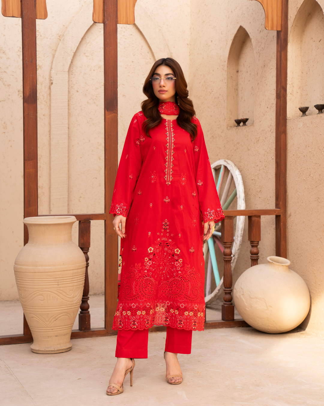 3 Piece - Gold Unstitched Red Embroidered Lawn Suit