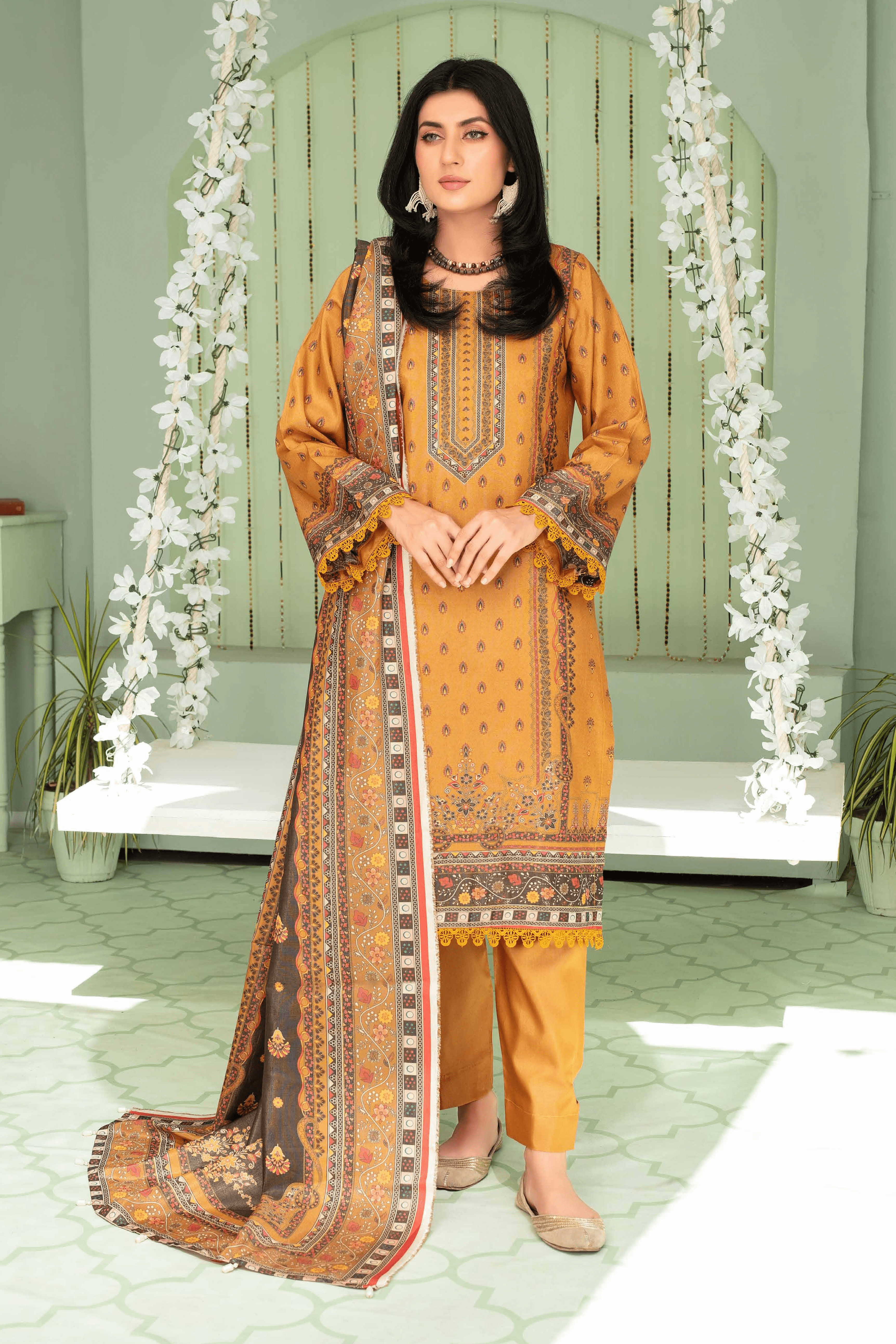 3 Pieces - Aizal Unstitched Mustard Printed Shamray Linen Suit