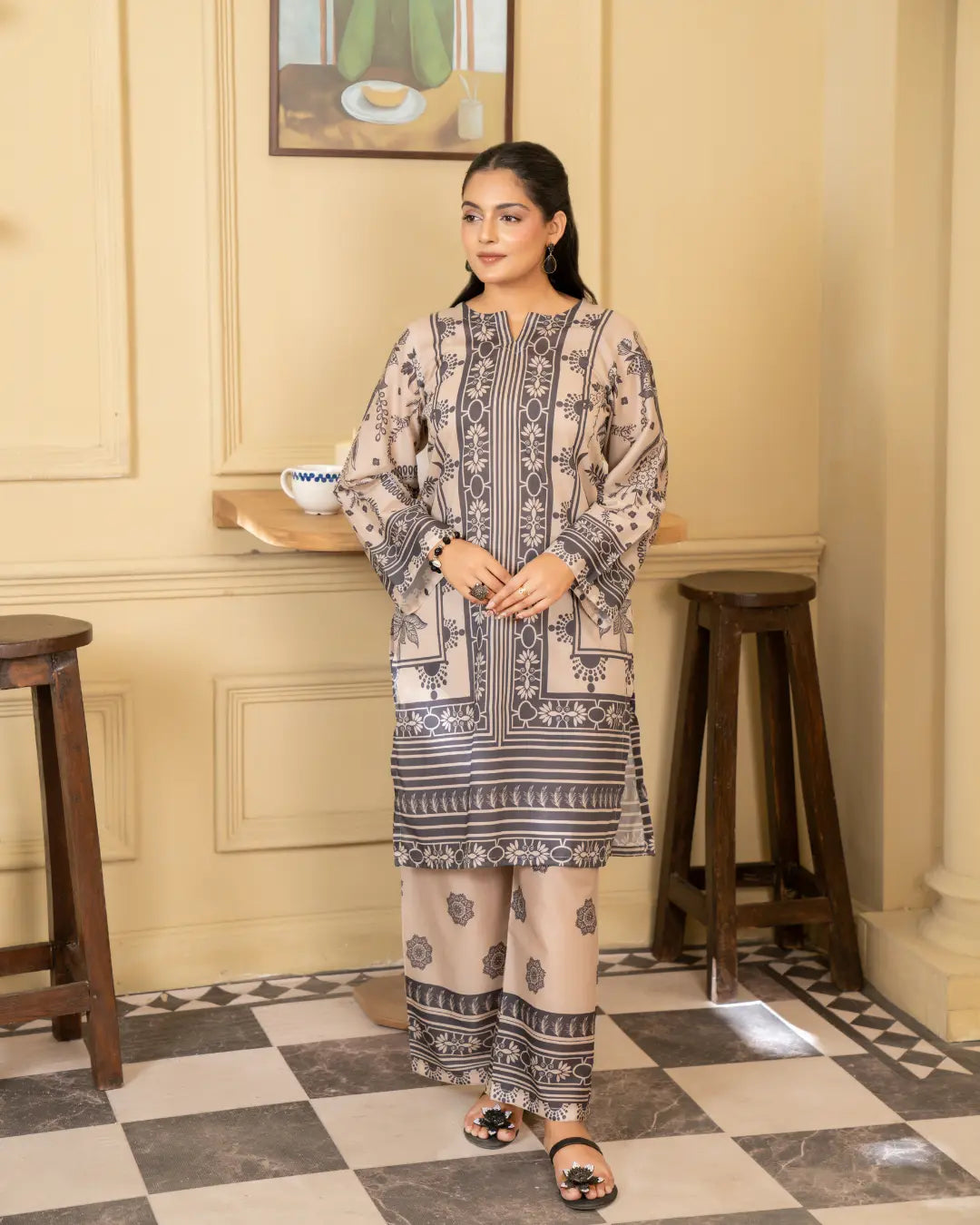 2 Piece - Gold Unstitched Skin Ladies Print Lawn Suit