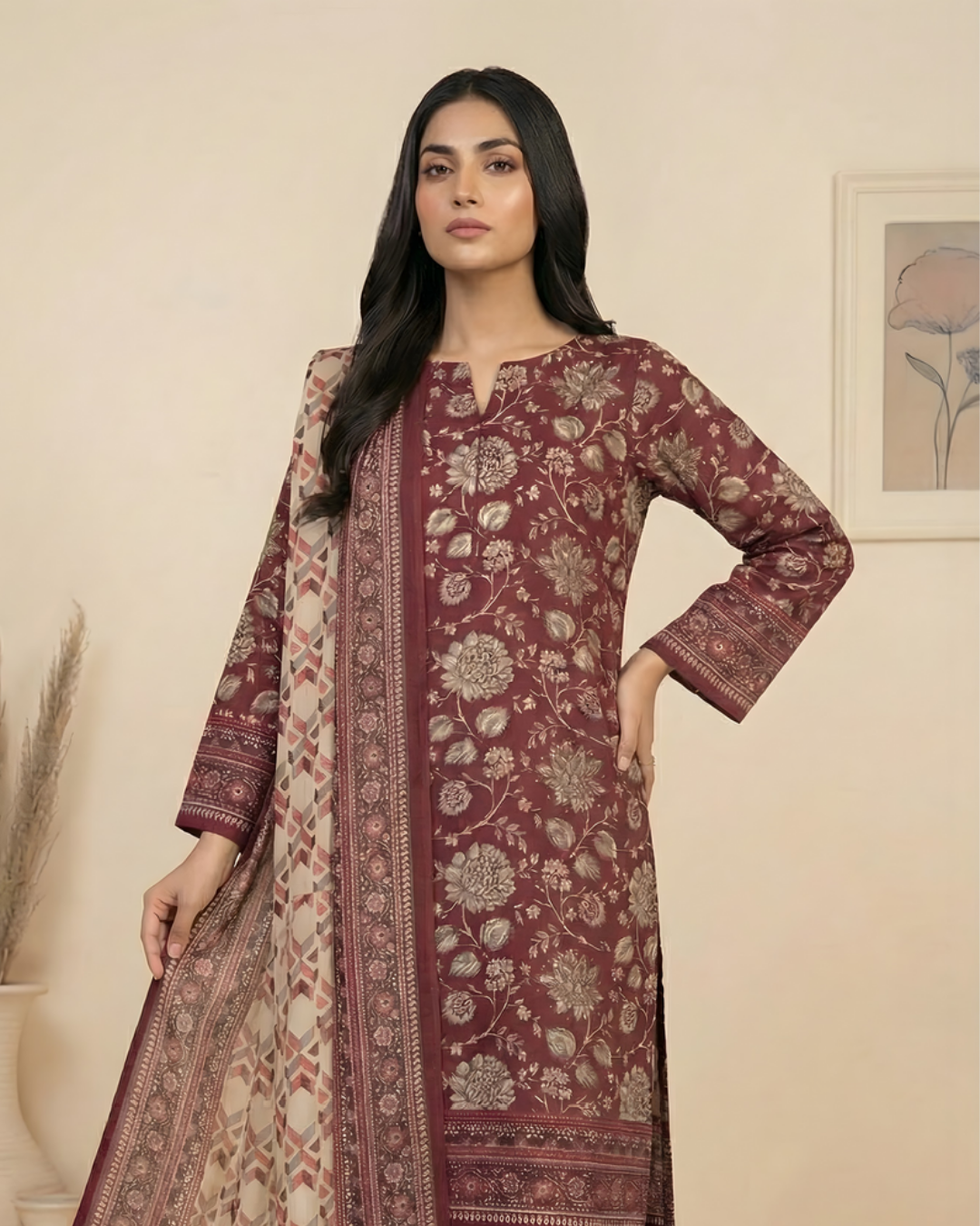 3 Pieces - Marooj Unstitched Maroon Transliminor Magic Print Lawn Suit