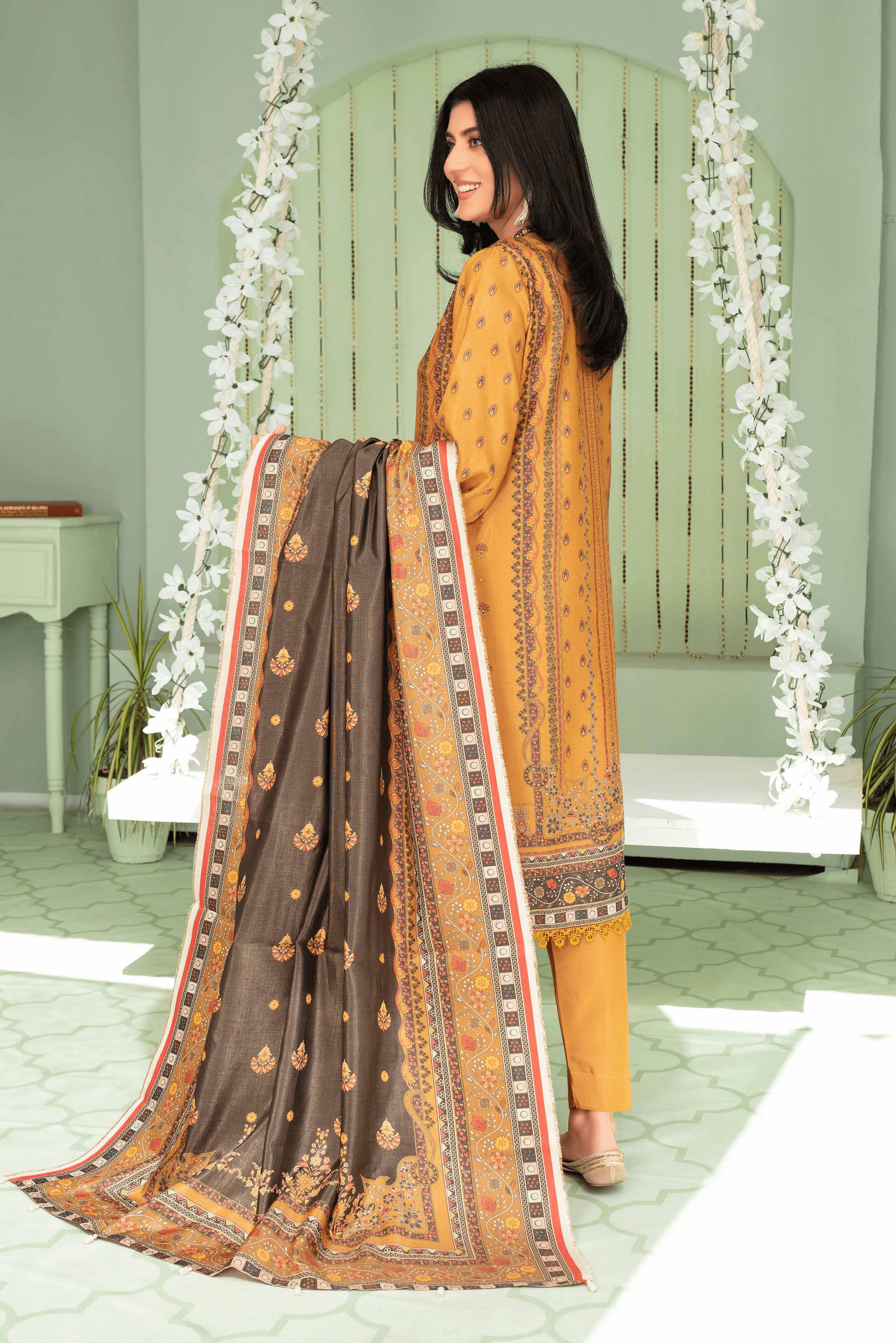 3 Pieces - Aizal Unstitched Mustard Printed Shamray Linen Suit