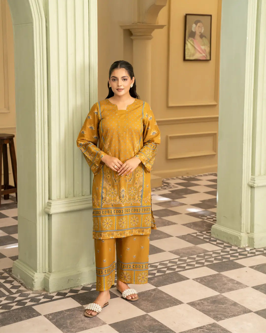 2 Piece - Gold Unstitched Mustard Ladies Print Lawn Suit