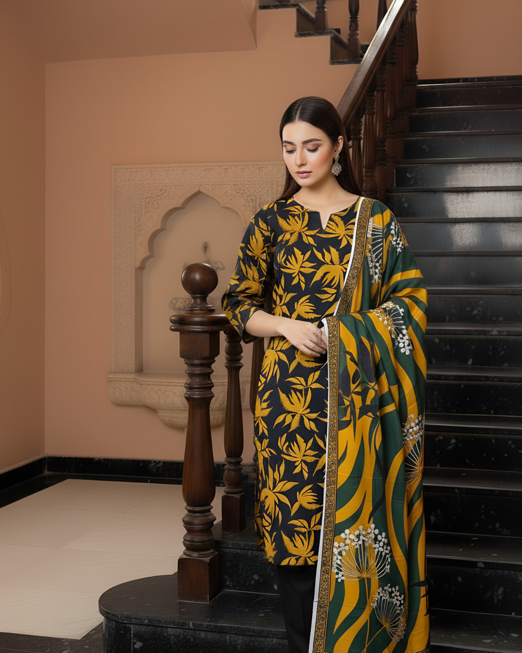 3 Pieces - Marooj Unstitched Black Printed Khaddar Suit