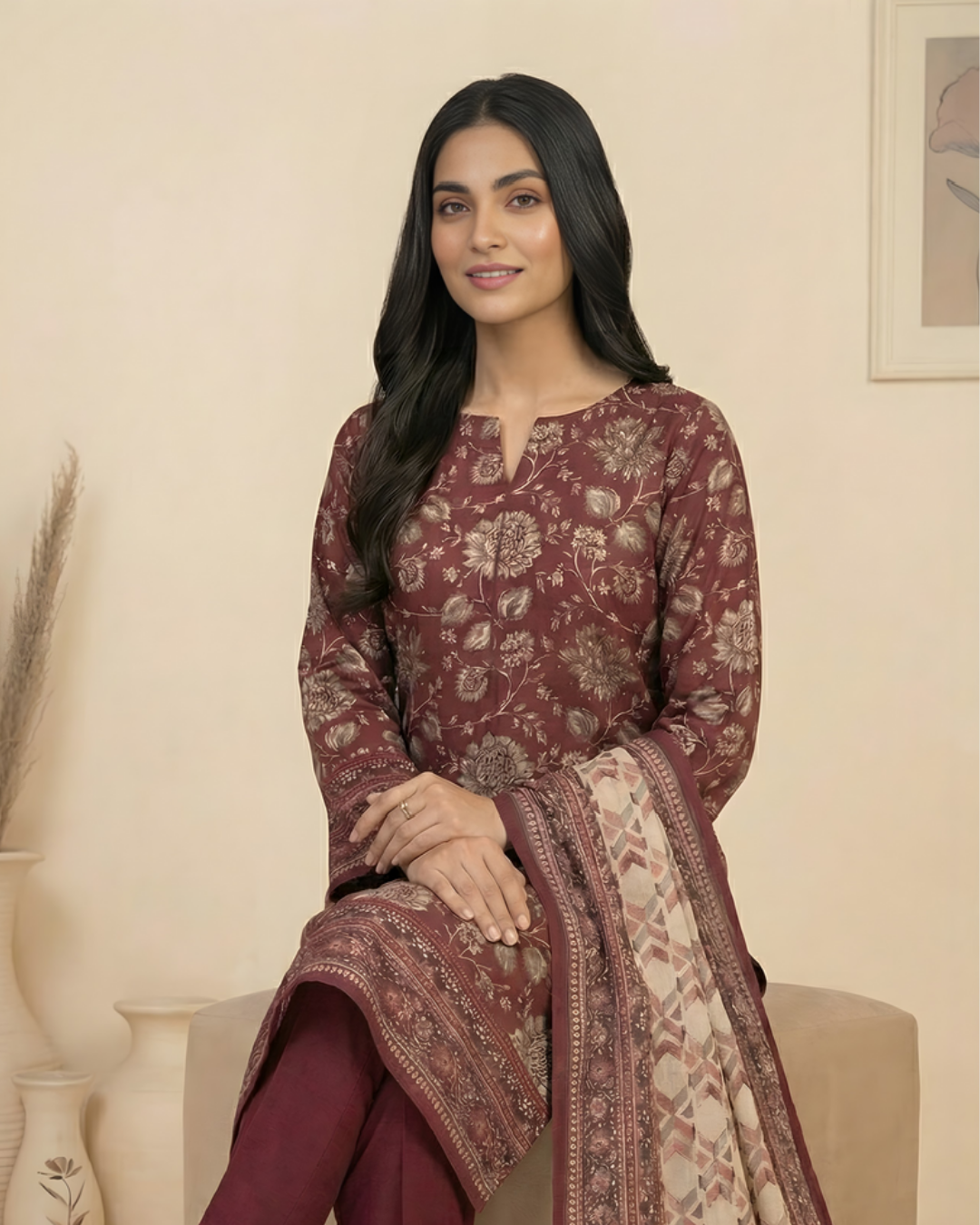 3 Pieces - Marooj Unstitched Maroon Transliminor Magic Print Lawn Suit