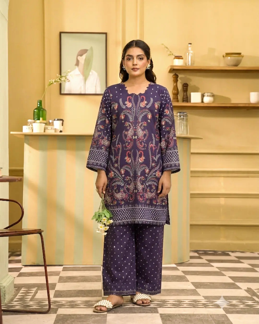 2 Piece - Gold Unstitched Purple Ladies Print Lawn Suit
