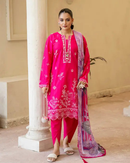 3 Piece - Gold Unstitched Pink Embroidered Lawn Suit