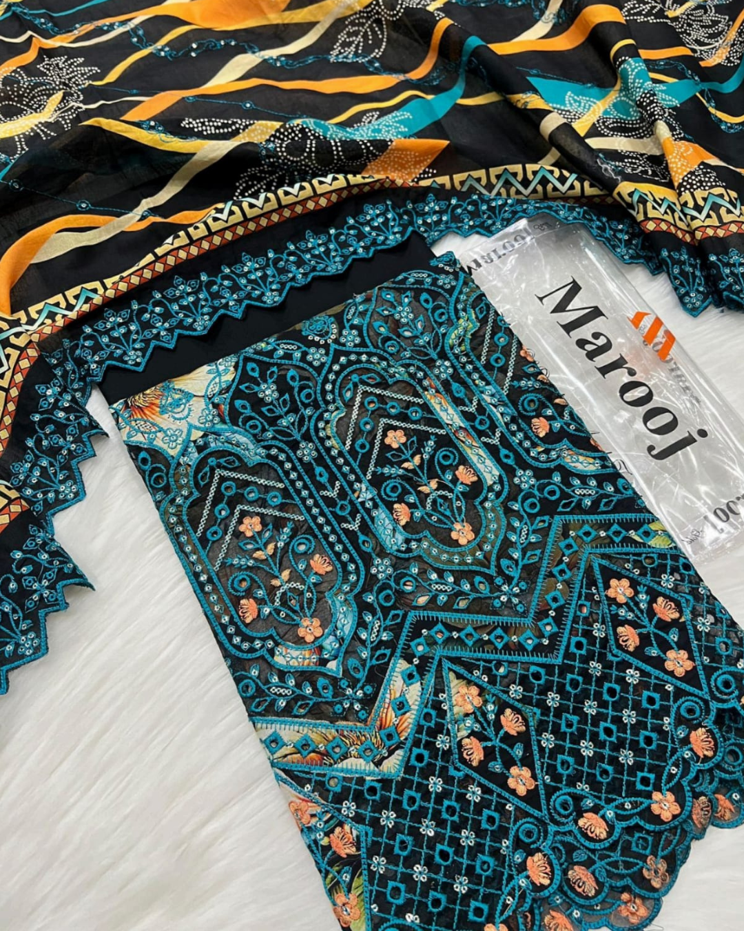 3 Piece - Gold Unstitched Black Embroidered Lawn Suit