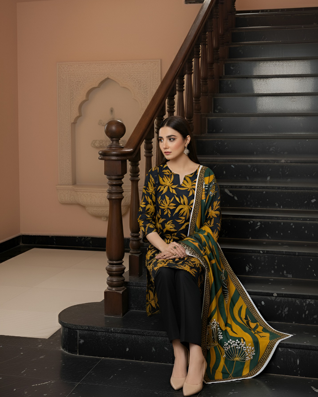 3 Pieces - Marooj Unstitched Black Printed Khaddar Suit