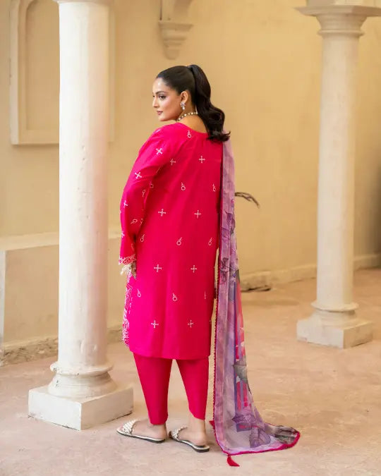 3 Piece - Gold Unstitched Pink Embroidered Lawn Suit