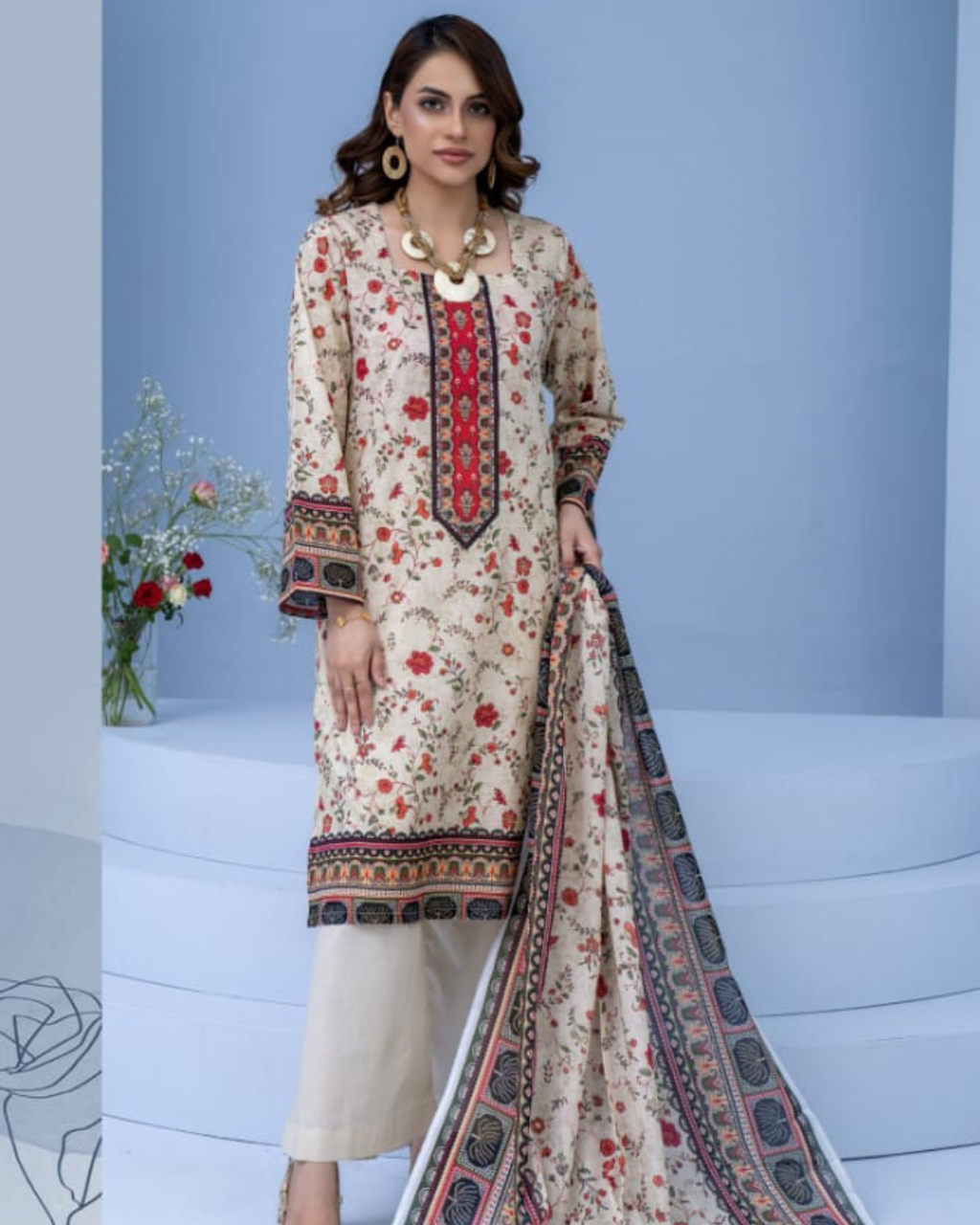3 Piece - Mojoberry Unstitched Cream Ladies Banadora Print Lawn Suit