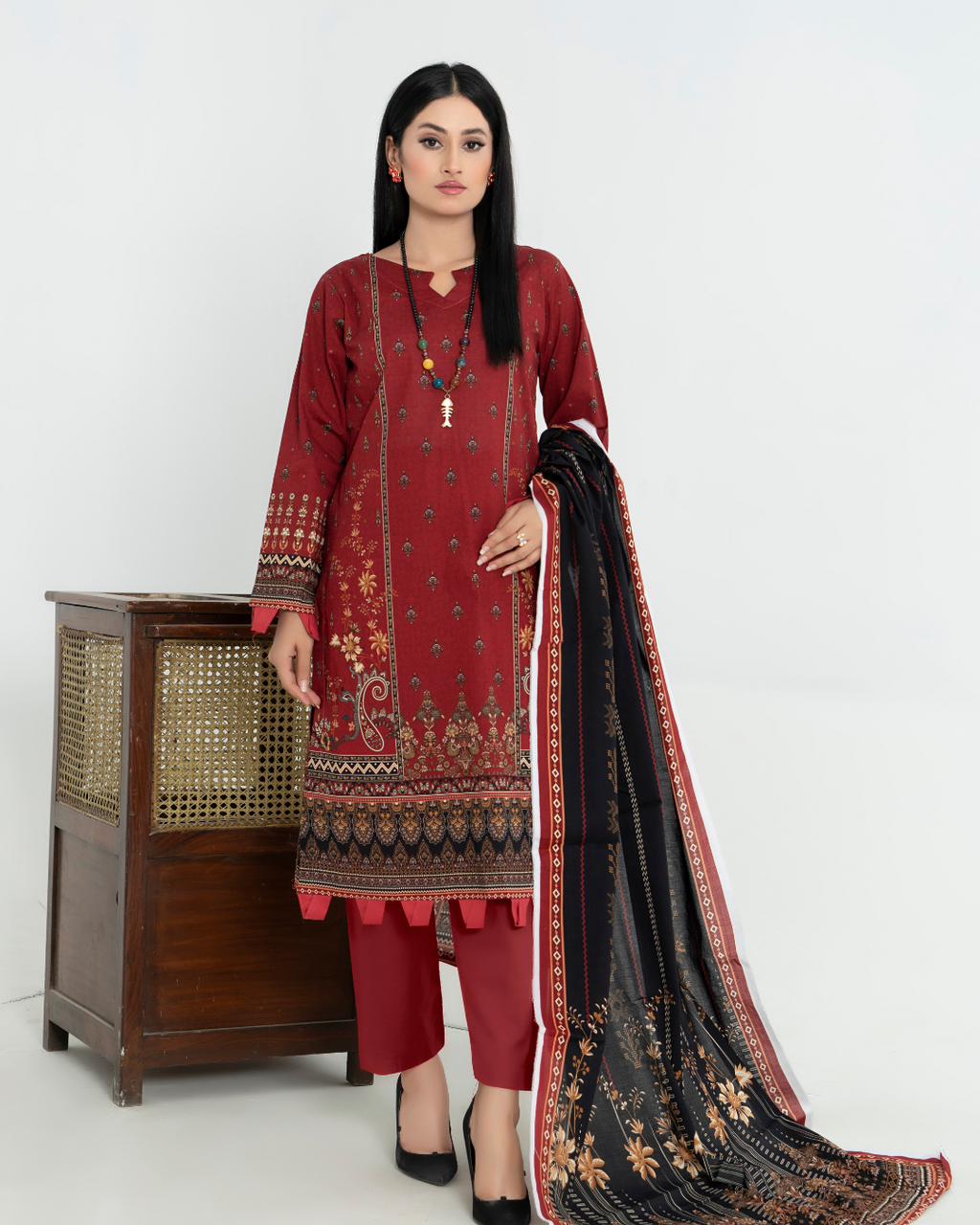 3 Piece - Junoon Unstitched Maroon Ladies Transliminor Magic Print Lawn Suit