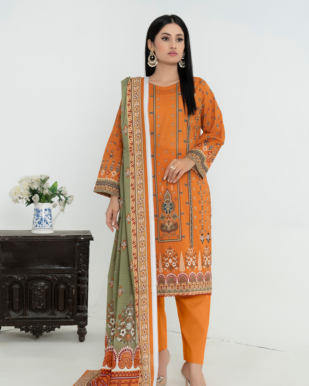 3 Piece - Junoon Unstitched Orange Ladies Transliminor Magic Print Lawn Suit