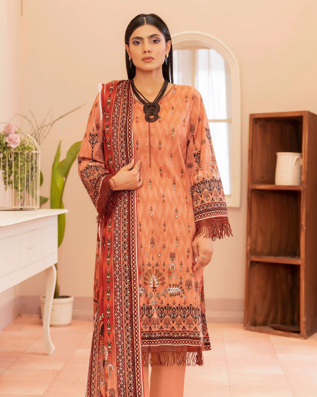 3 Piece - Junoon Unstitched Light Peach Ladies Print Lawn Suit