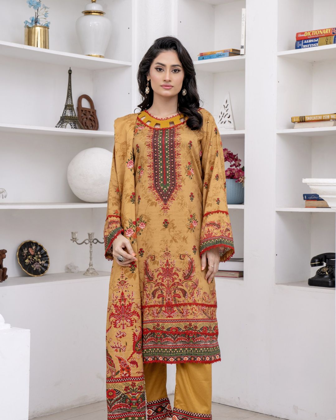 3 Piece - Marooj Unstitched Orange BanaDora Linen Suit