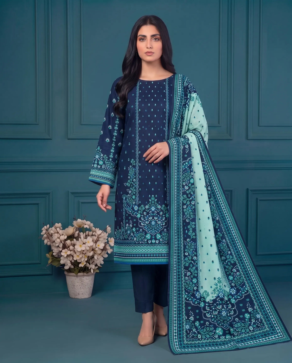 3 Piece - Marooj Ethnic Premium Printed Unstitched Blue khaddar Suit