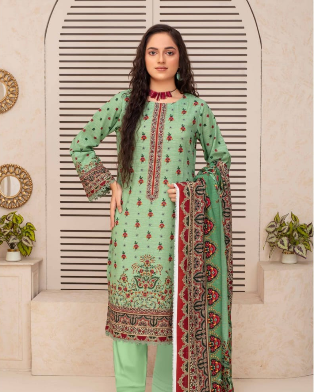 3 Pieces - Arzu Unstitched Pista Print Khaddar Suit