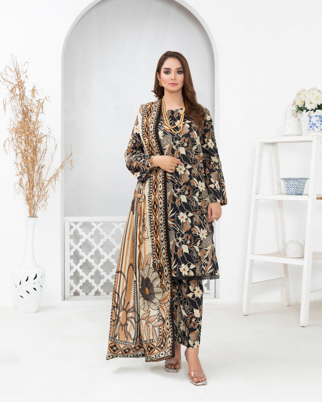 3 Piece - Mahi Unstitched Char Coal Ladies Print Lawn Suit