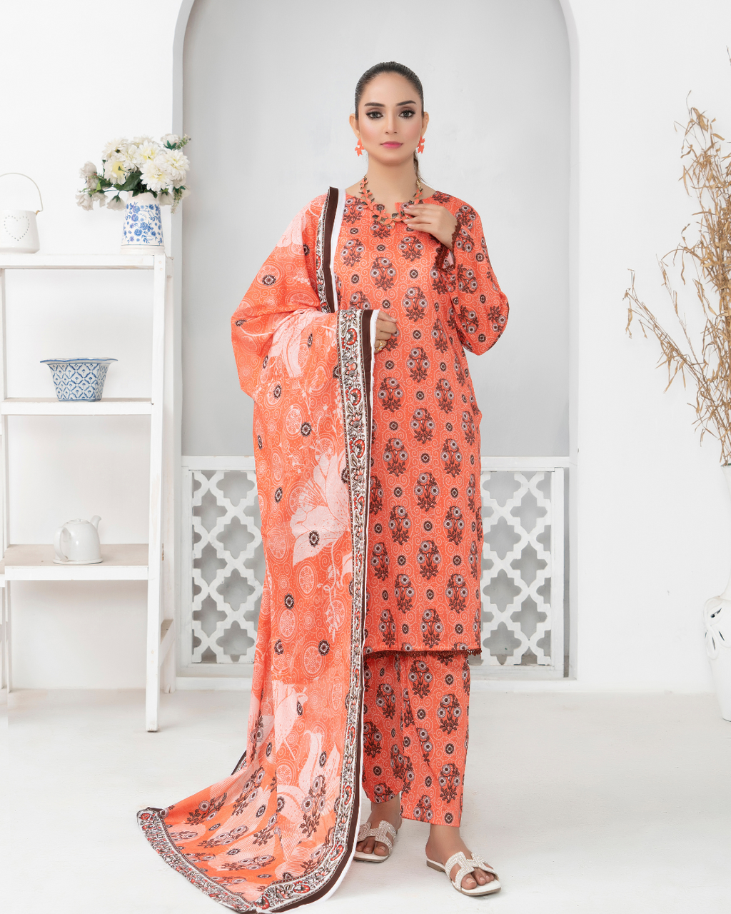3 Piece - Mahi Unstitched Orange Ladies Print Lawn Suit