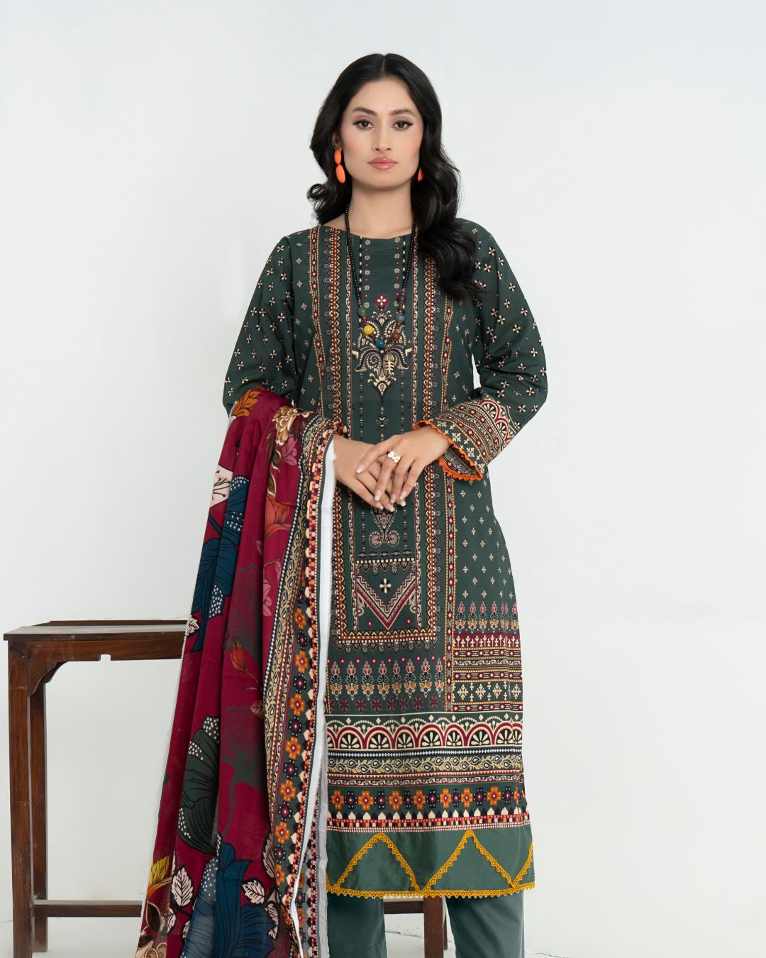 3 Piece - Junoon Unstitched Olive Ladies Transliminor Magic Print Lawn Suit