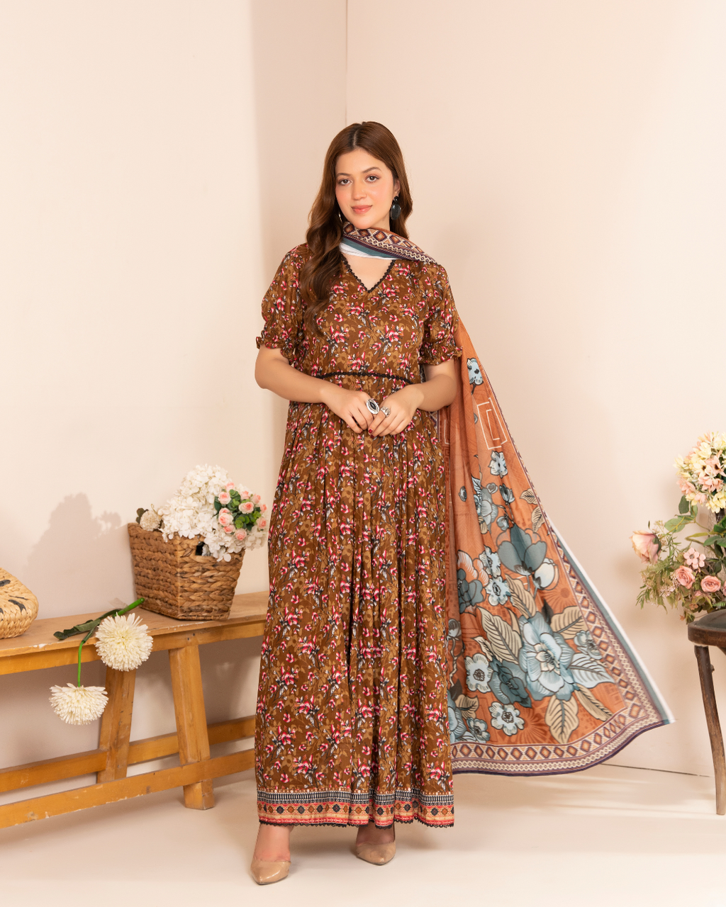 3 Piece - Mahi Unstitched Brown Ladies Print Lawn Suit