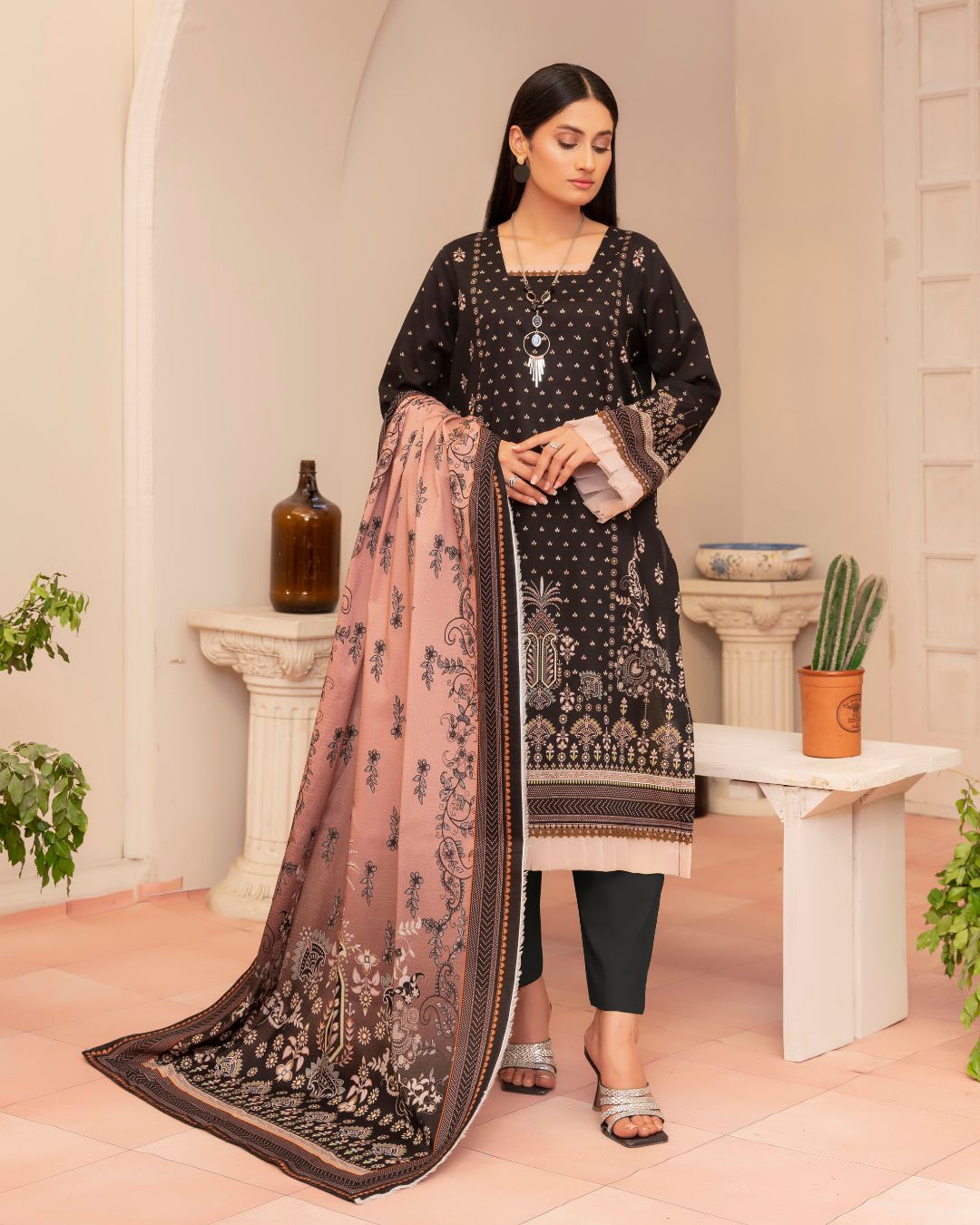 3 Piece - Junoon Unstitched Black Ladies Print Lawn Suit