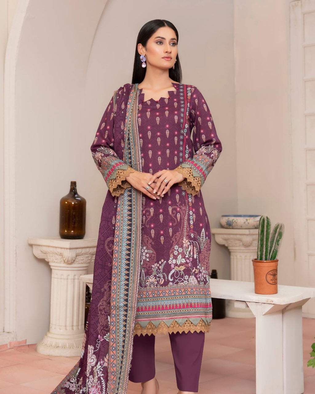 3 Piece - Junoon Unstitched Purple Ladies Banadora Print Lawn Suit
