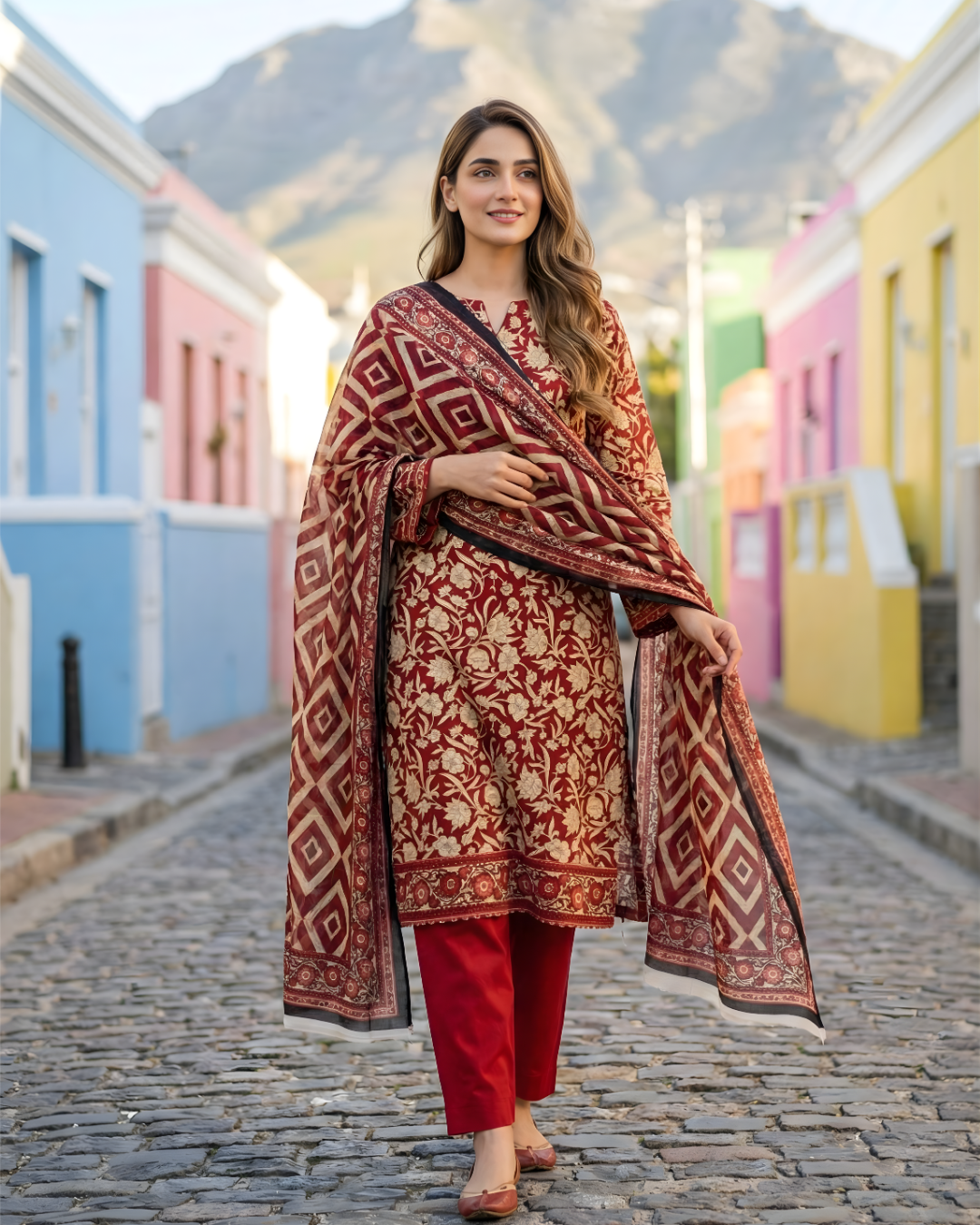 3 Pieces - Sohni Dharti Unstitched Maroon Transliminar Magic Print Lawn Suit