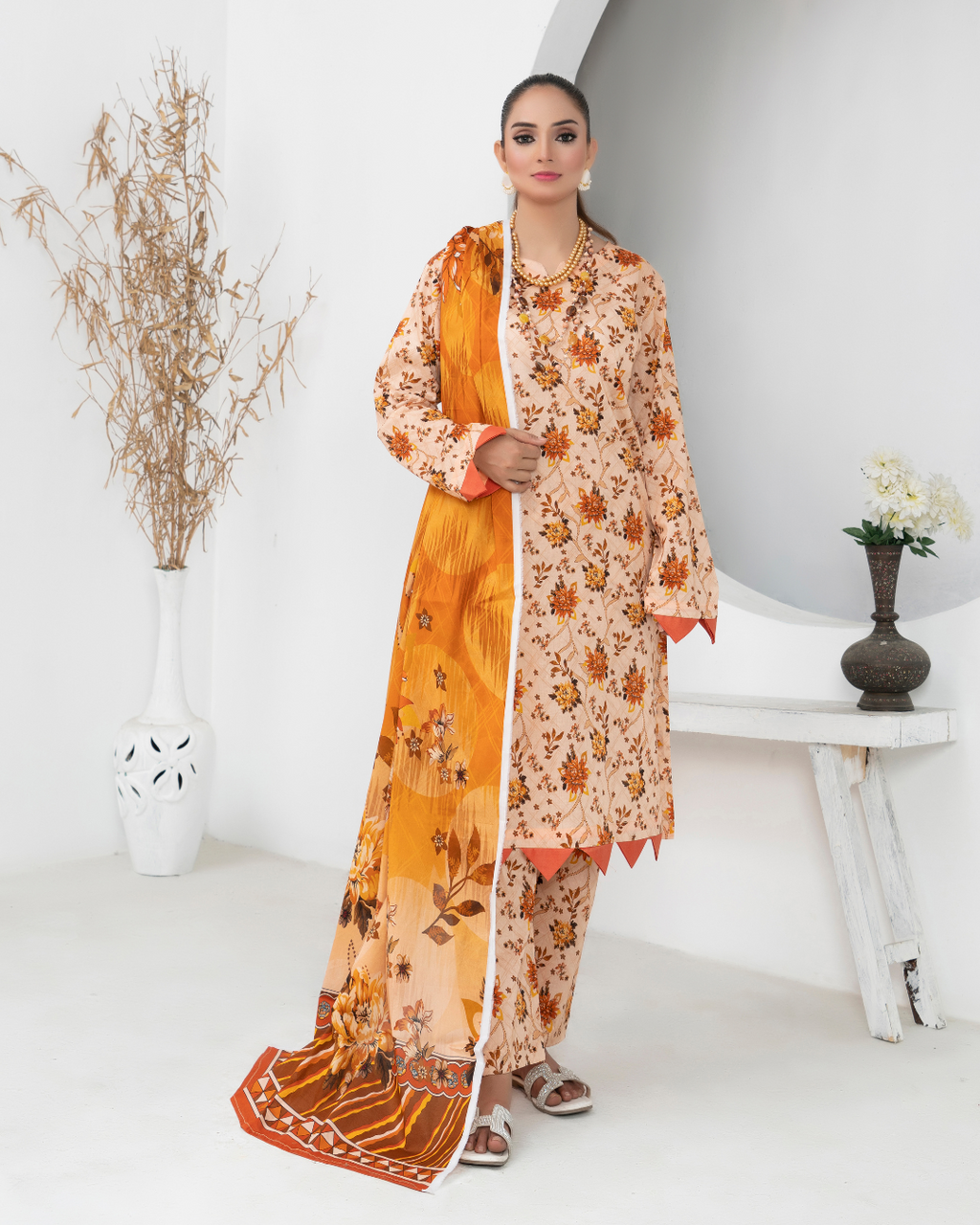 3 Piece - Mahi Unstitched Peach Ladies Transliminor Magic Print Lawn Suit