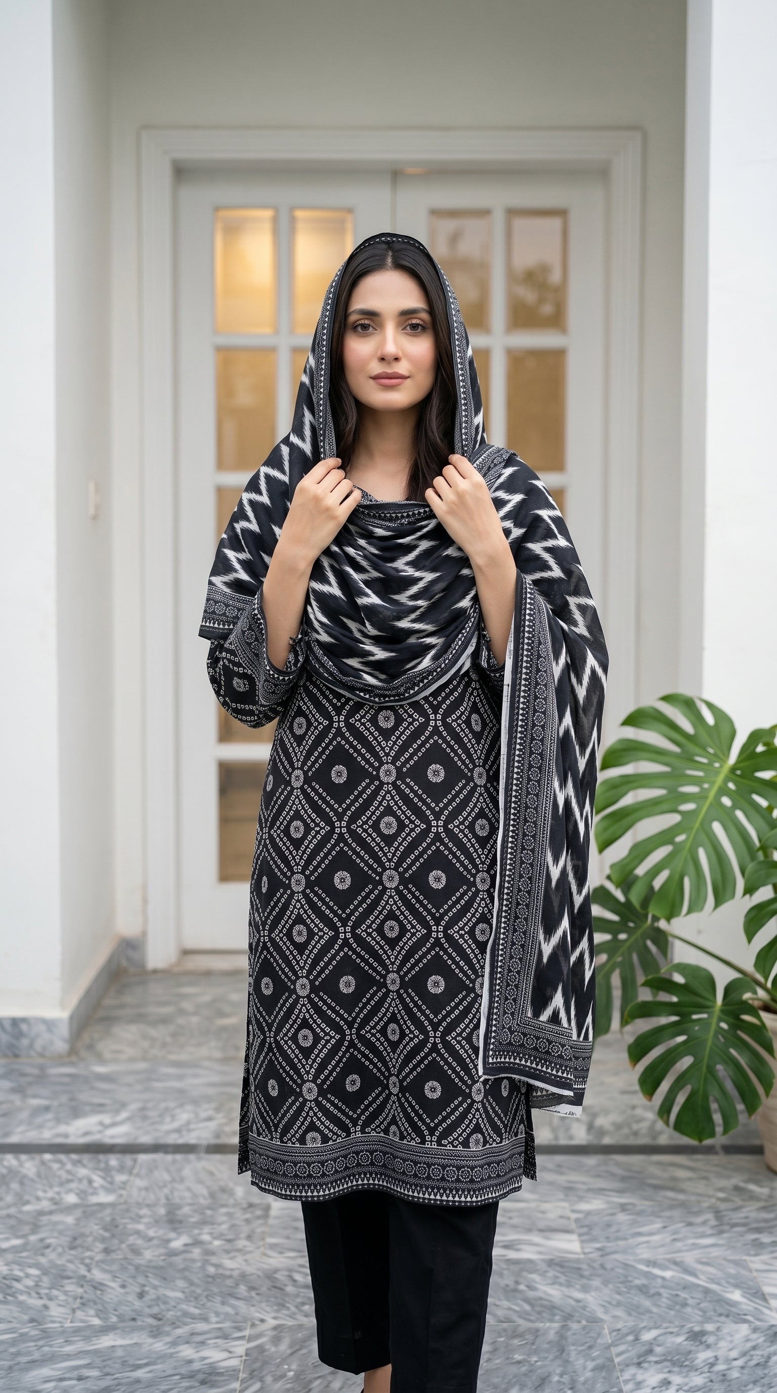 3 Pieces - Sohni Dharti Unstitched Black & White Print Lawn Suit