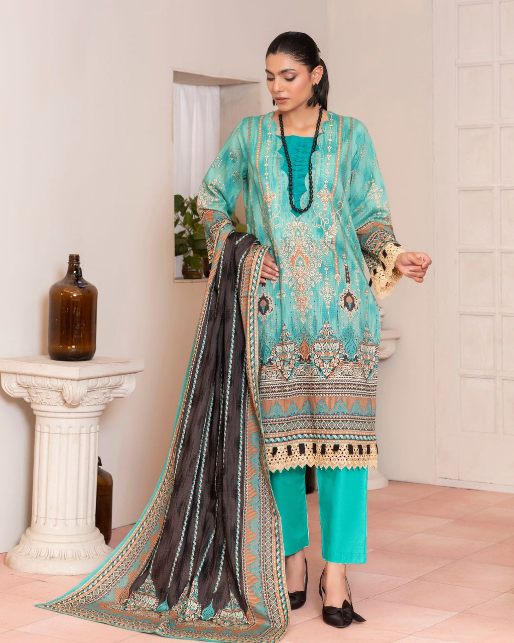 3 Piece - Junoon Unstitched Blue Ladies Banadora Print Lawn Suit