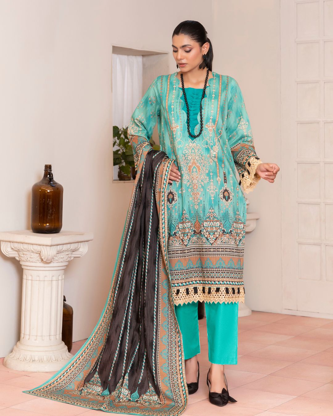 3 Piece - Junoon Unstitched Blue Ladies Banadora Print Lawn Suit