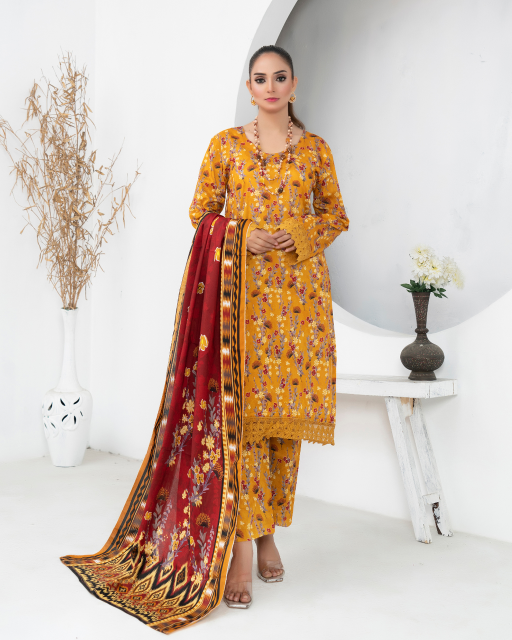 3 Piece - Mahi Unstitched Yellow Ladies Print Lawn Suit