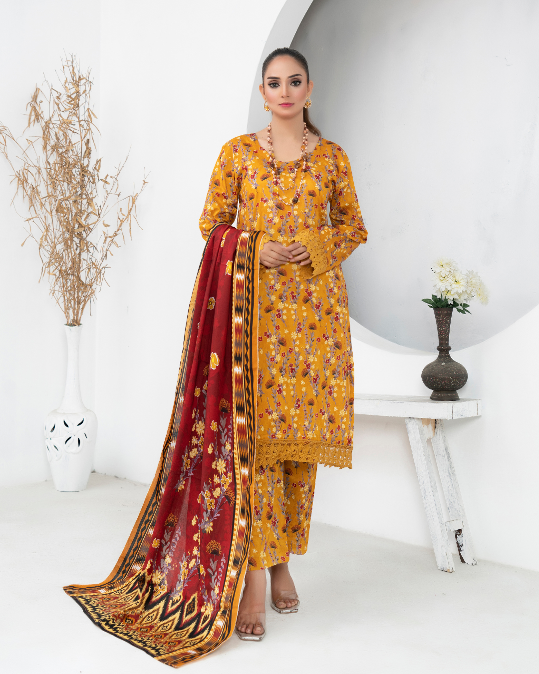 3 Piece - Mahi Unstitched Yellow Ladies Print Lawn Suit