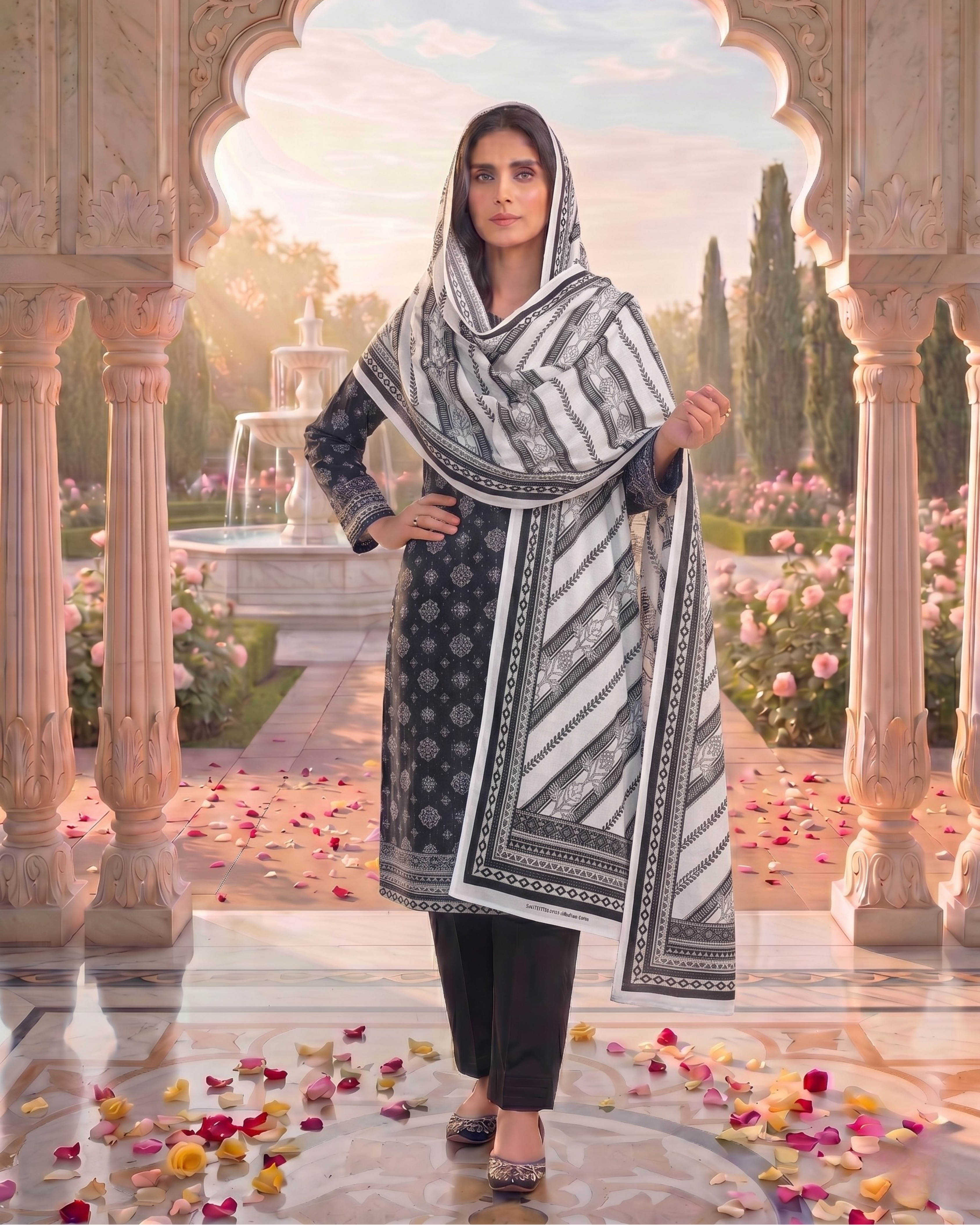 3 Pieces - Sohni Dharti Unstitched Black & White Print Lawn Suit