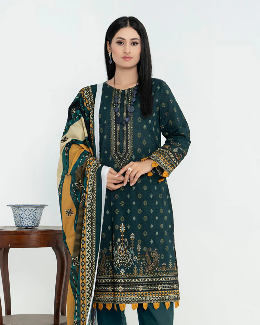 3 Piece - Junoon Unstitched Olive Ladies Transliminor Magic Print Lawn Suit