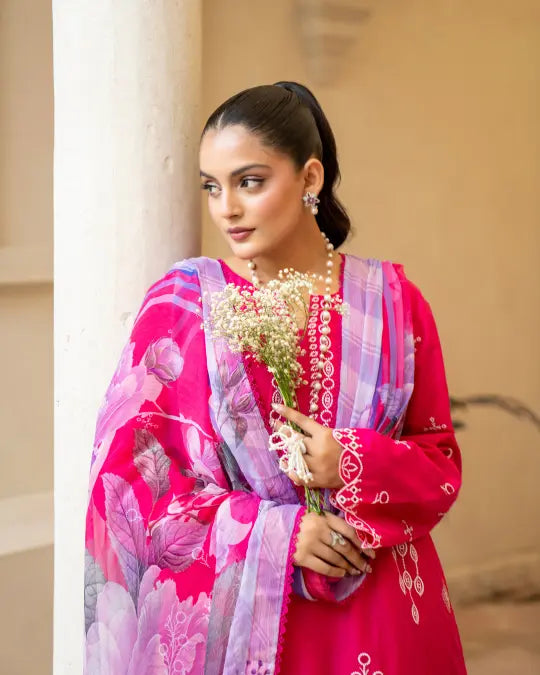 3 Piece - Gold Unstitched Pink Embroidered Lawn Suit