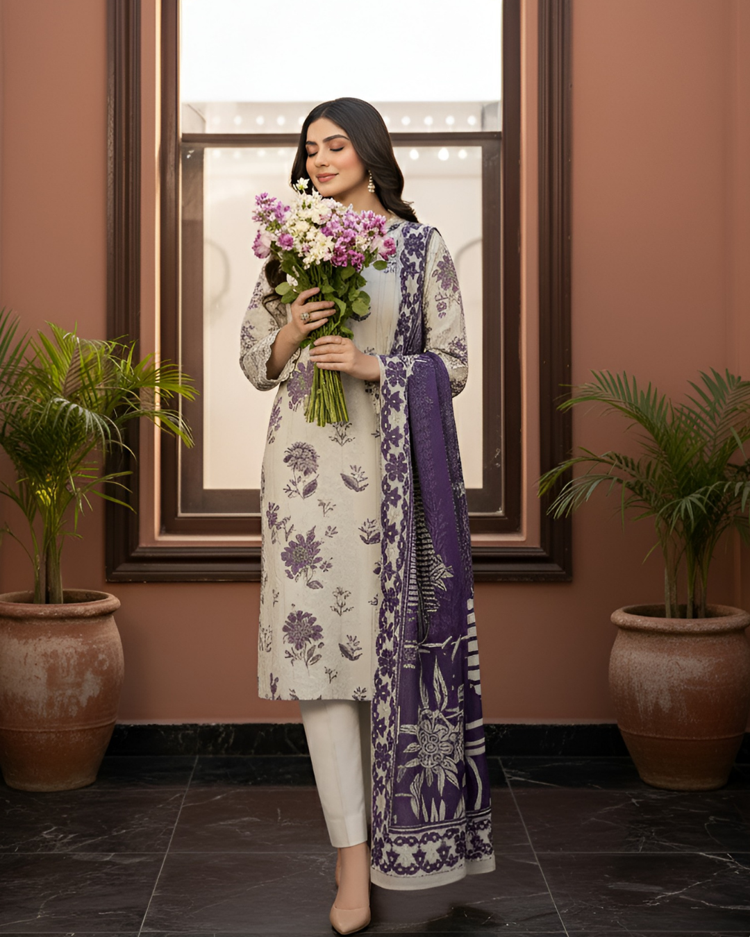 3 Pieces - Marooj Unstitched Off White Printed Khaddar Suit