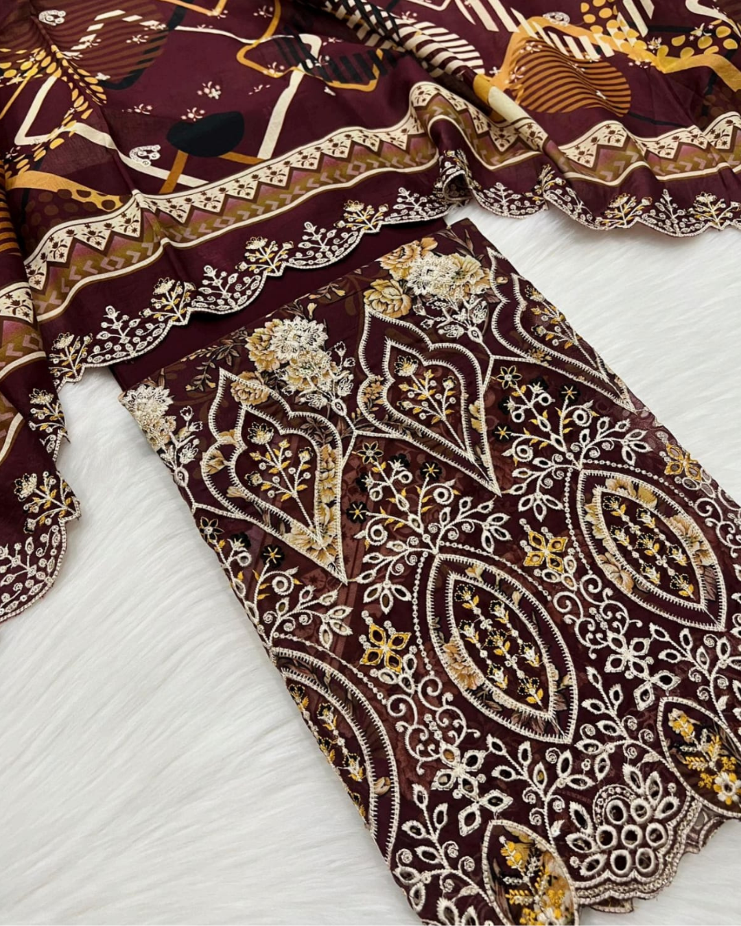 3 Piece - Gold Unstitched Maroon Embroidered Lawn Suit