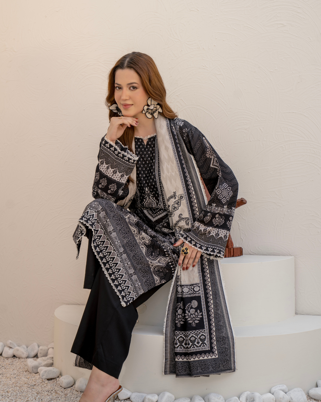 3 Pieces - Marooj Unstitched Grey Black BanaDora Linen Suit