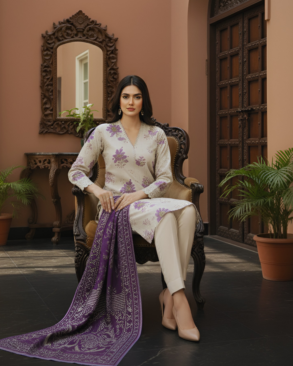 3 Pieces - Marooj Unstitched Off White Printed Khaddar Suit