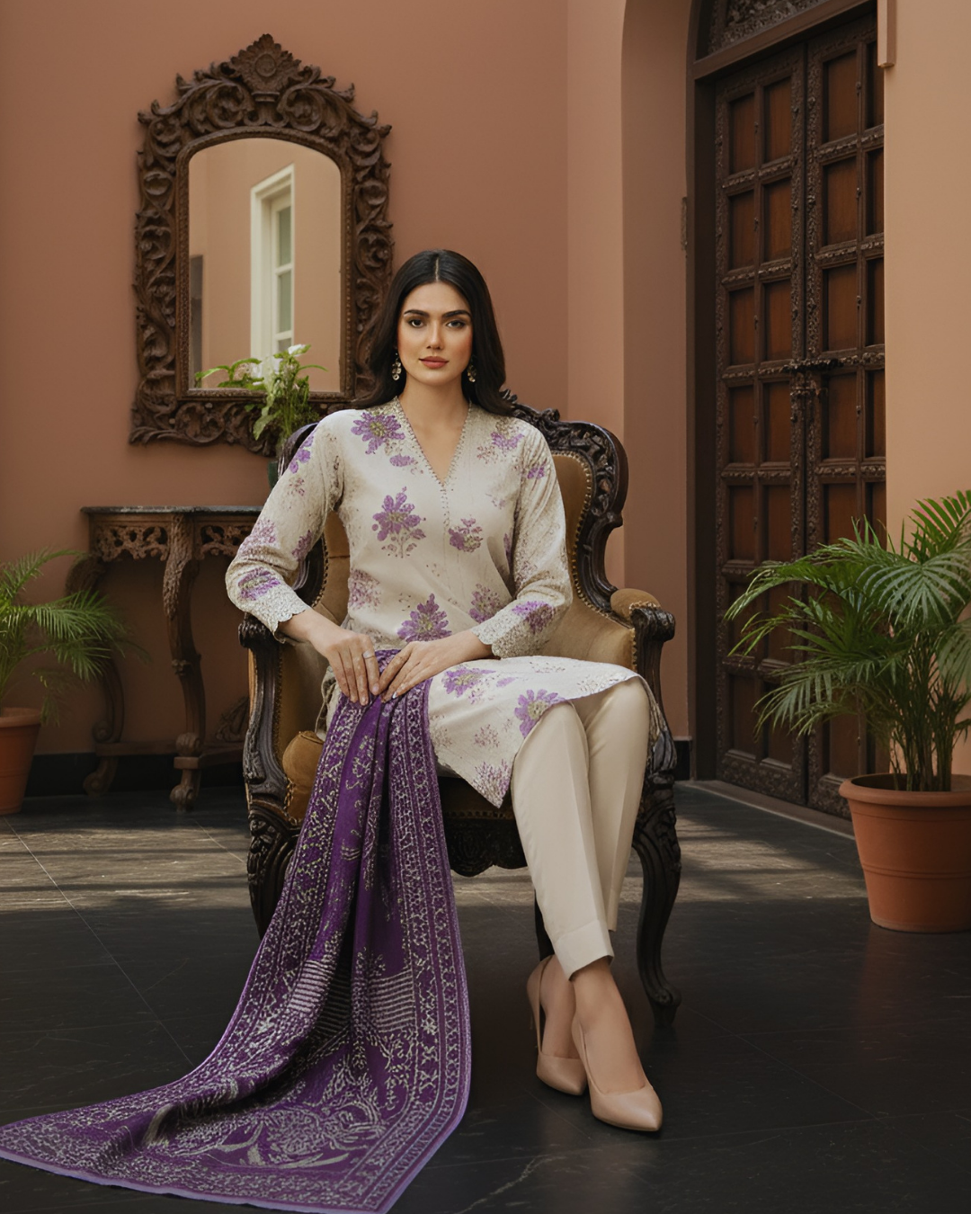 3 Pieces - Marooj Unstitched Off White Printed Khaddar Suit