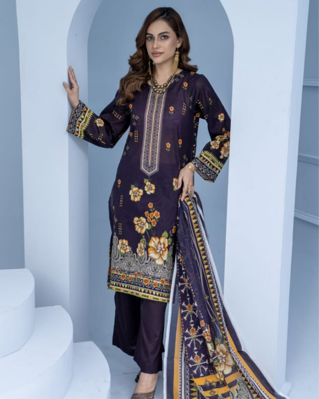 3 Piece - Mojoberry Unstitched Purple Ladies Banadora Print Lawn Suit