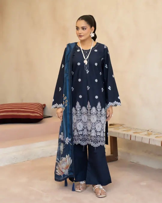 3 Piece - Gold Unstitched Navy blue Embroidered Lawn Suit