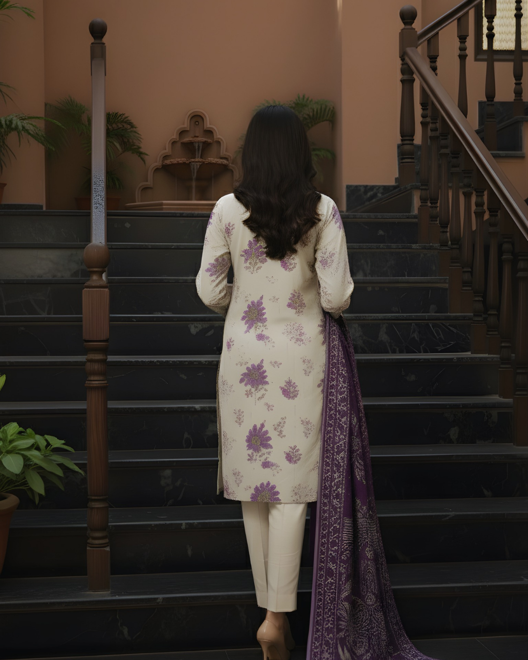 3 Pieces - Marooj Unstitched Off White Printed Khaddar Suit