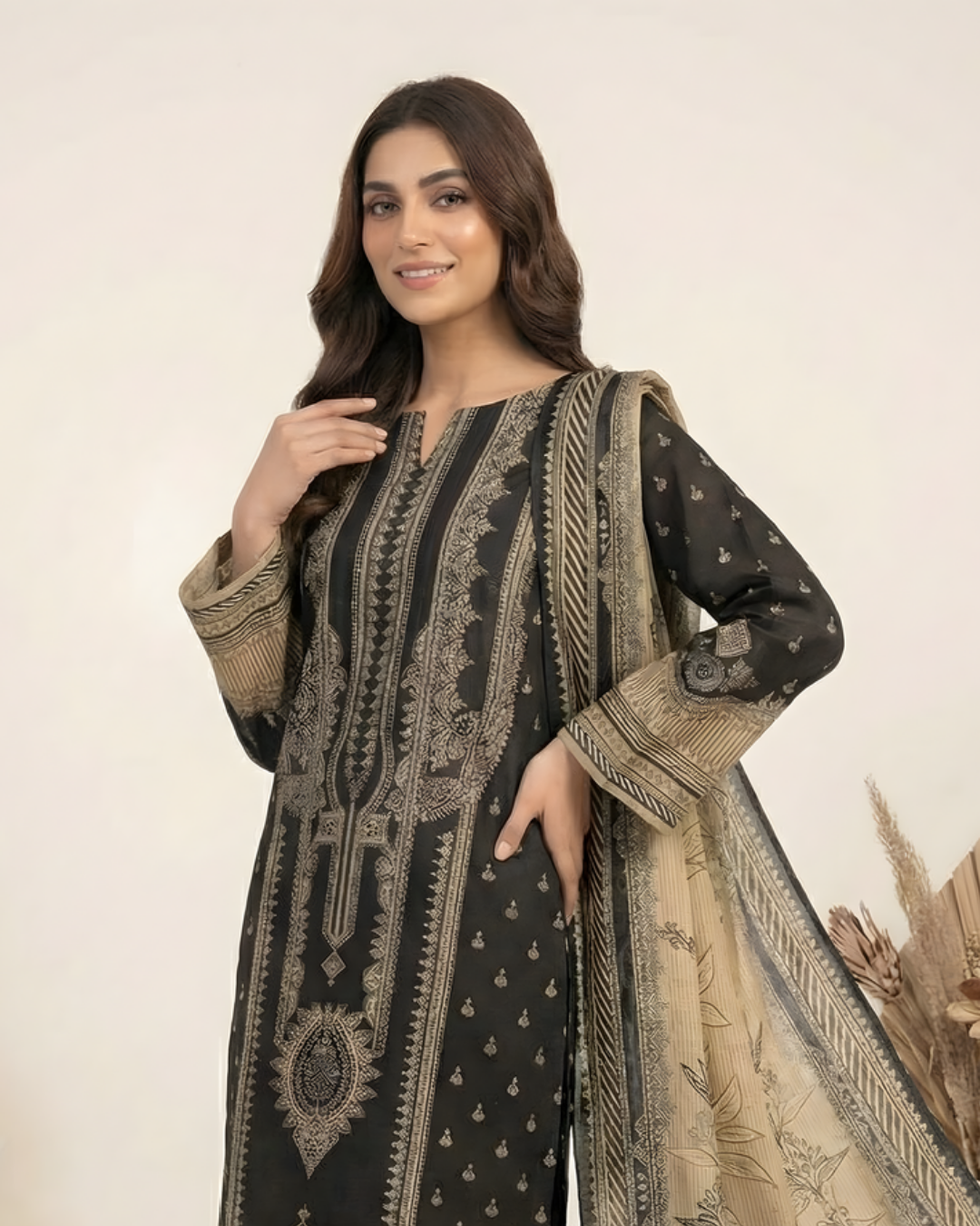 3 Pieces - Marooj Unstitched Garish Black Transliminor Magic Print Lawn Suit